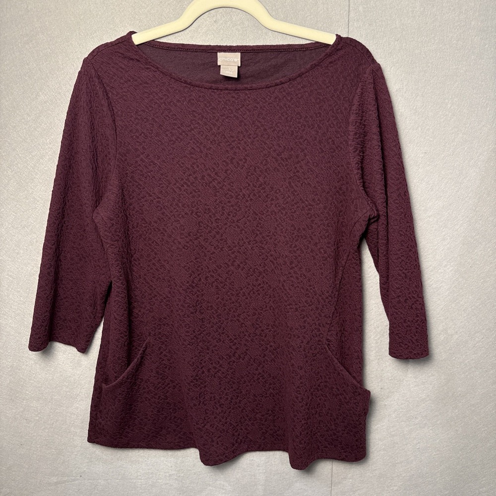 Chicos Blouse Womens M Purple Animal Print Scoop Neck 3/4 Sleeve Tunic Top